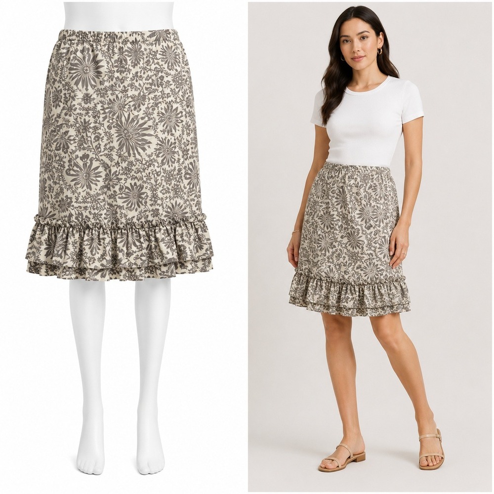 Old Navy Midi Skirt Womens 12 Tan Brown Floral Ruffle Hem Vintage Y2K Cotton